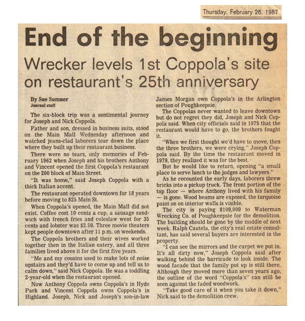 Wrecker Levels First Coppola's Site on Restaurant's 25th Anniversary